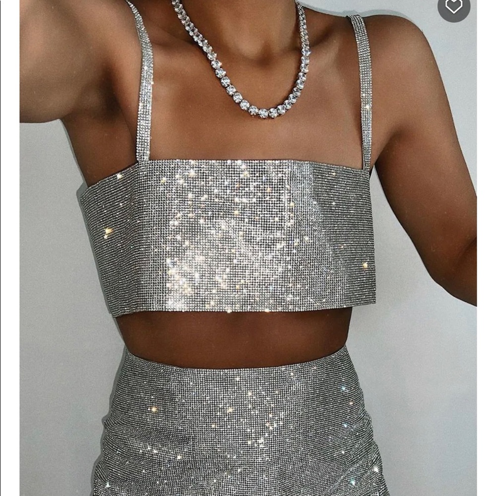 White fox boutique rhinestone crystal crop top NWT
